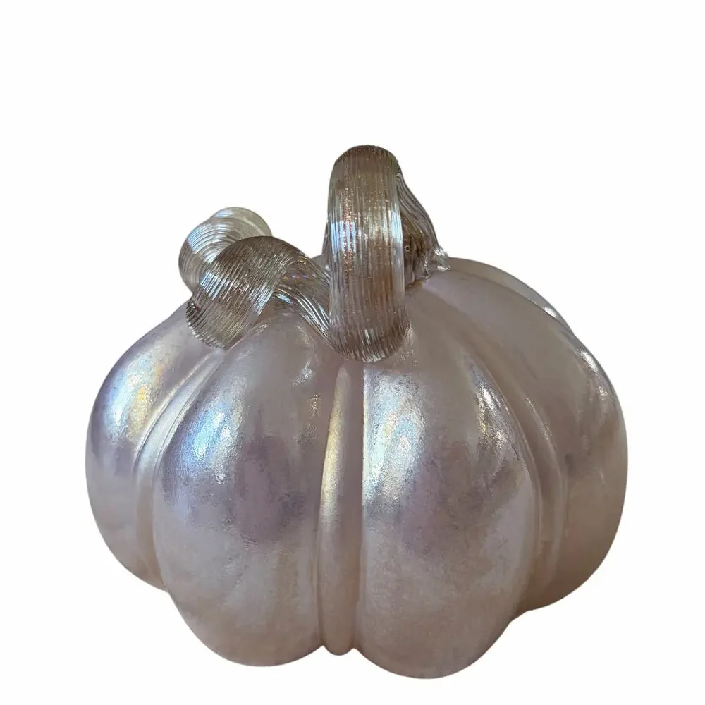 Hand Blown Art Glass Pumpkin 6in Iridescent Pink Chic Fall Designer Decor NEW